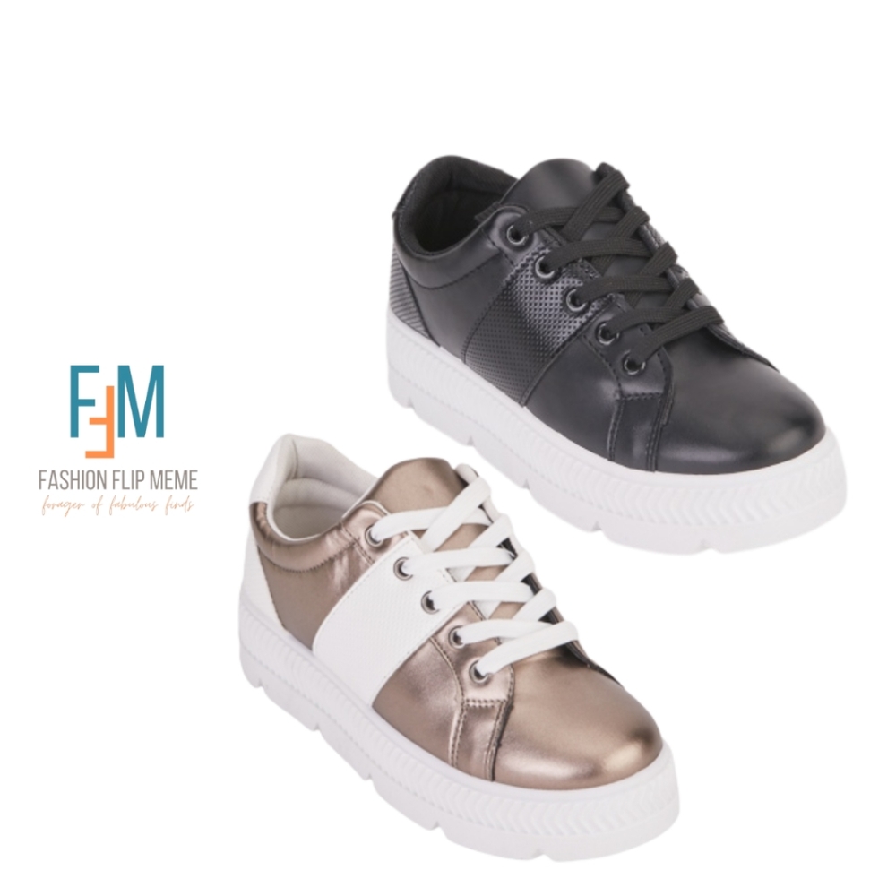 Black Or Bronze Leather Feel Laser Cut Lace Up Platform Sneaker 10M NWOT